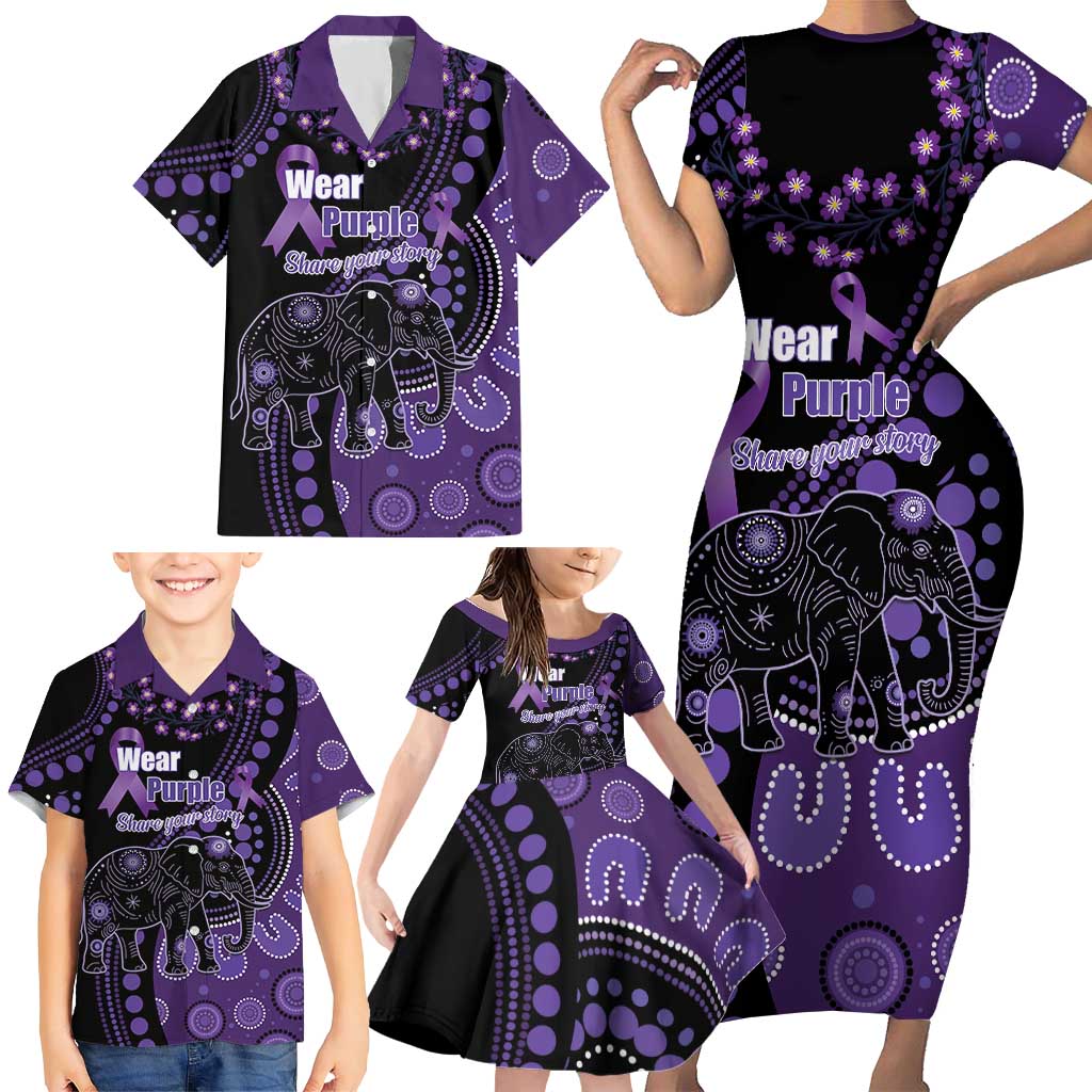 Australia Alzheimer's and Brain Awareness Personalised Family Matching Short Sleeve Bodycon Dress and Hawaiian Shirt Elephant Forget-Me-Not Aboriginal Art