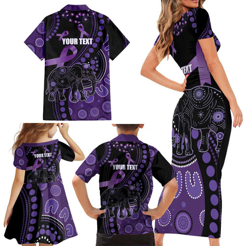 Australia Alzheimer's and Brain Awareness Personalised Family Matching Short Sleeve Bodycon Dress and Hawaiian Shirt Elephant Forget-Me-Not Aboriginal Art