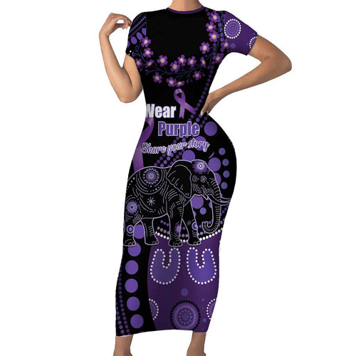 Australia Alzheimer's and Brain Awareness Personalised Family Matching Short Sleeve Bodycon Dress and Hawaiian Shirt Elephant Forget-Me-Not Aboriginal Art