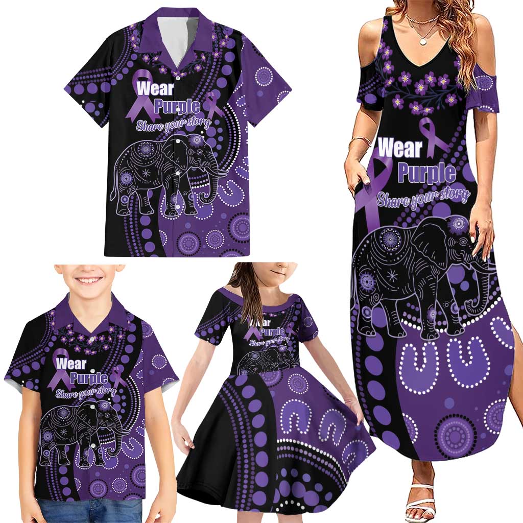 Australia Alzheimer's and Brain Awareness Personalised Family Matching Summer Maxi Dress and Hawaiian Shirt Elephant Forget-Me-Not Aboriginal Art