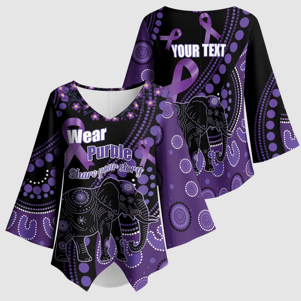 Australia Alzheimer's and Brain Awareness Personalised Kimono Sleeve Blouse Elephant Forget-Me-Not Aboriginal Art