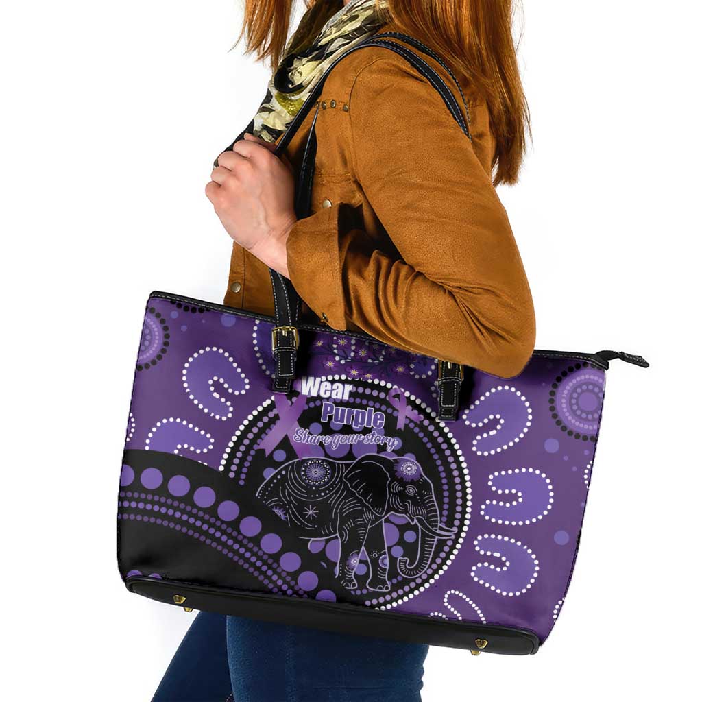 Australia Alzheimer's and Brain Awareness Leather Tote Bag Elephant Forget-Me-Not Aboriginal Art