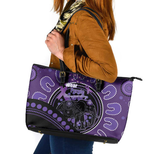 Australia Alzheimer's and Brain Awareness Leather Tote Bag Elephant Forget-Me-Not Aboriginal Art