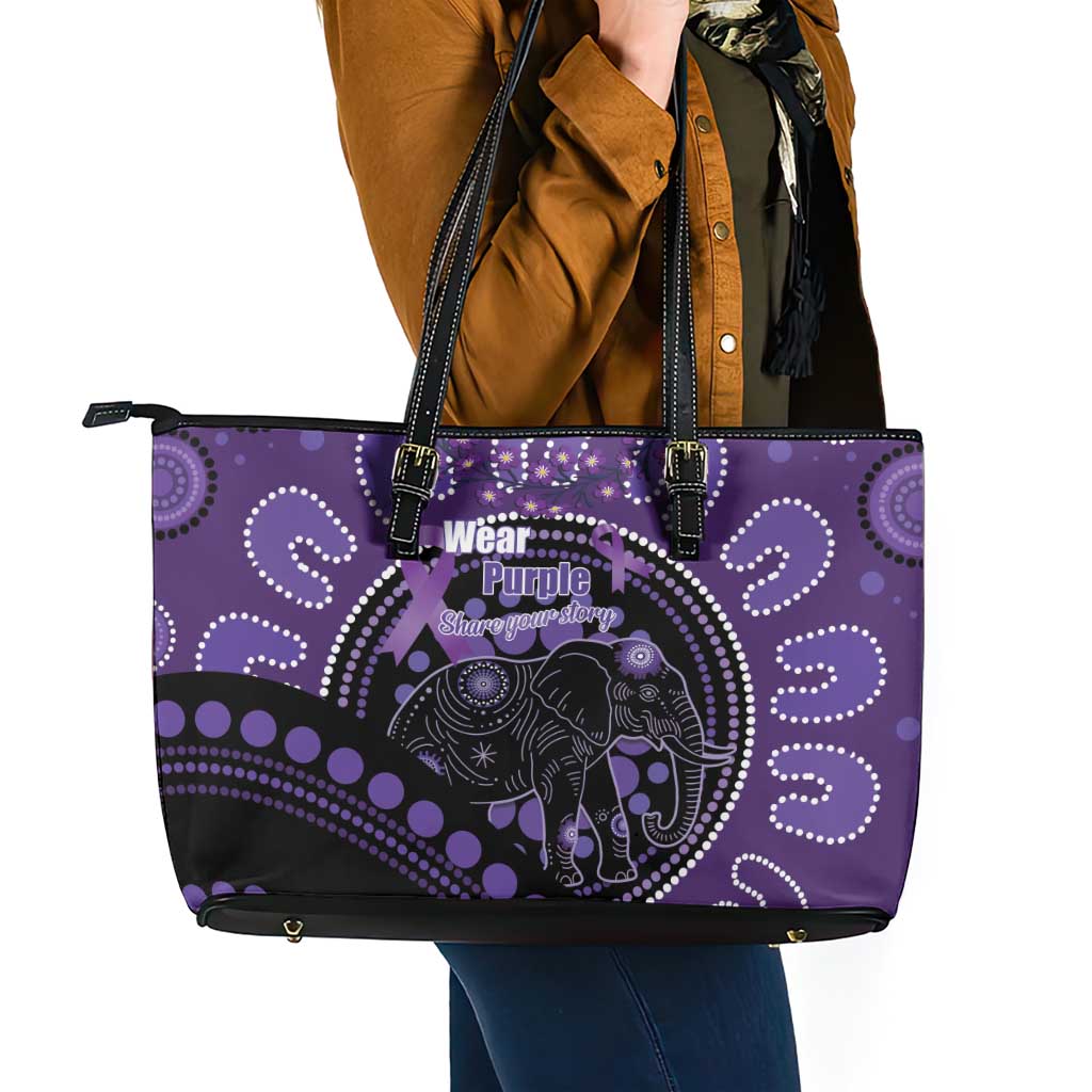 Australia Alzheimer's and Brain Awareness Leather Tote Bag Elephant Forget-Me-Not Aboriginal Art