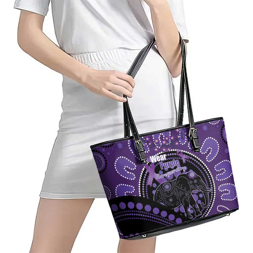 Australia Alzheimer's and Brain Awareness Leather Tote Bag Elephant Forget-Me-Not Aboriginal Art