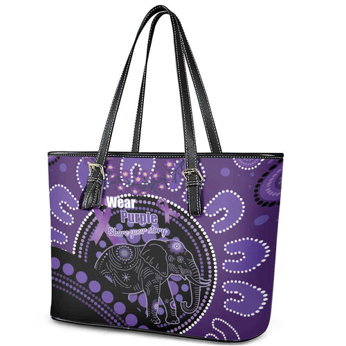 Australia Alzheimer's and Brain Awareness Leather Tote Bag Elephant Forget-Me-Not Aboriginal Art