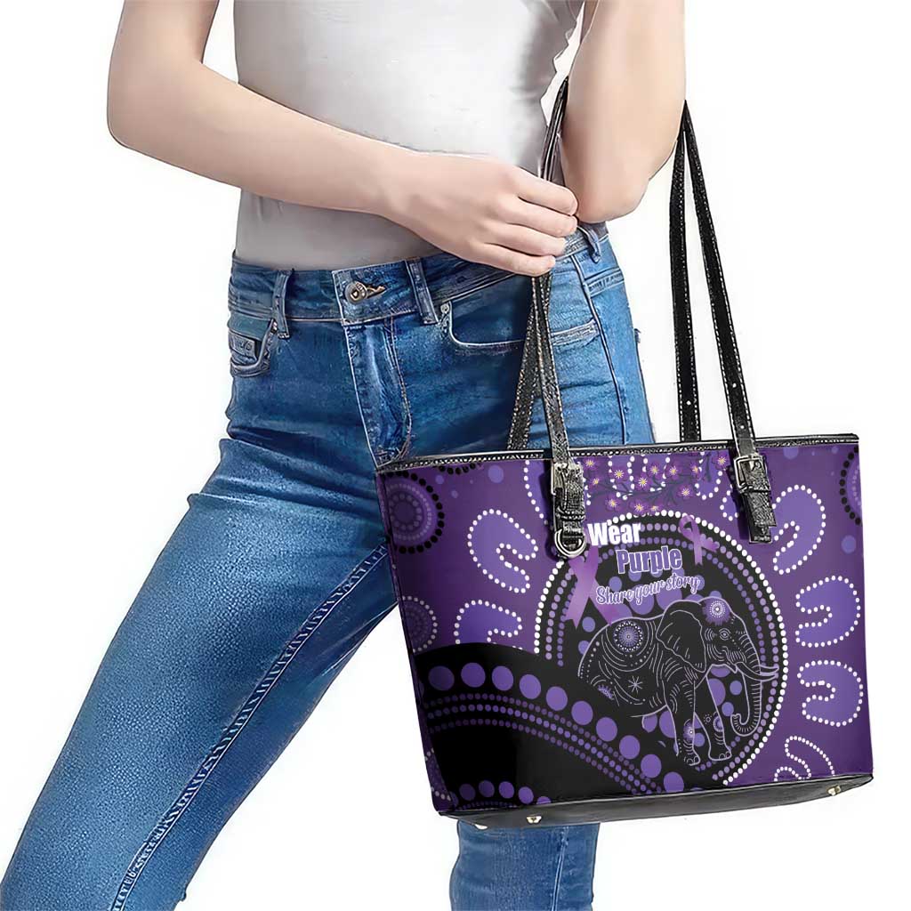 Australia Alzheimer's and Brain Awareness Leather Tote Bag Elephant Forget-Me-Not Aboriginal Art
