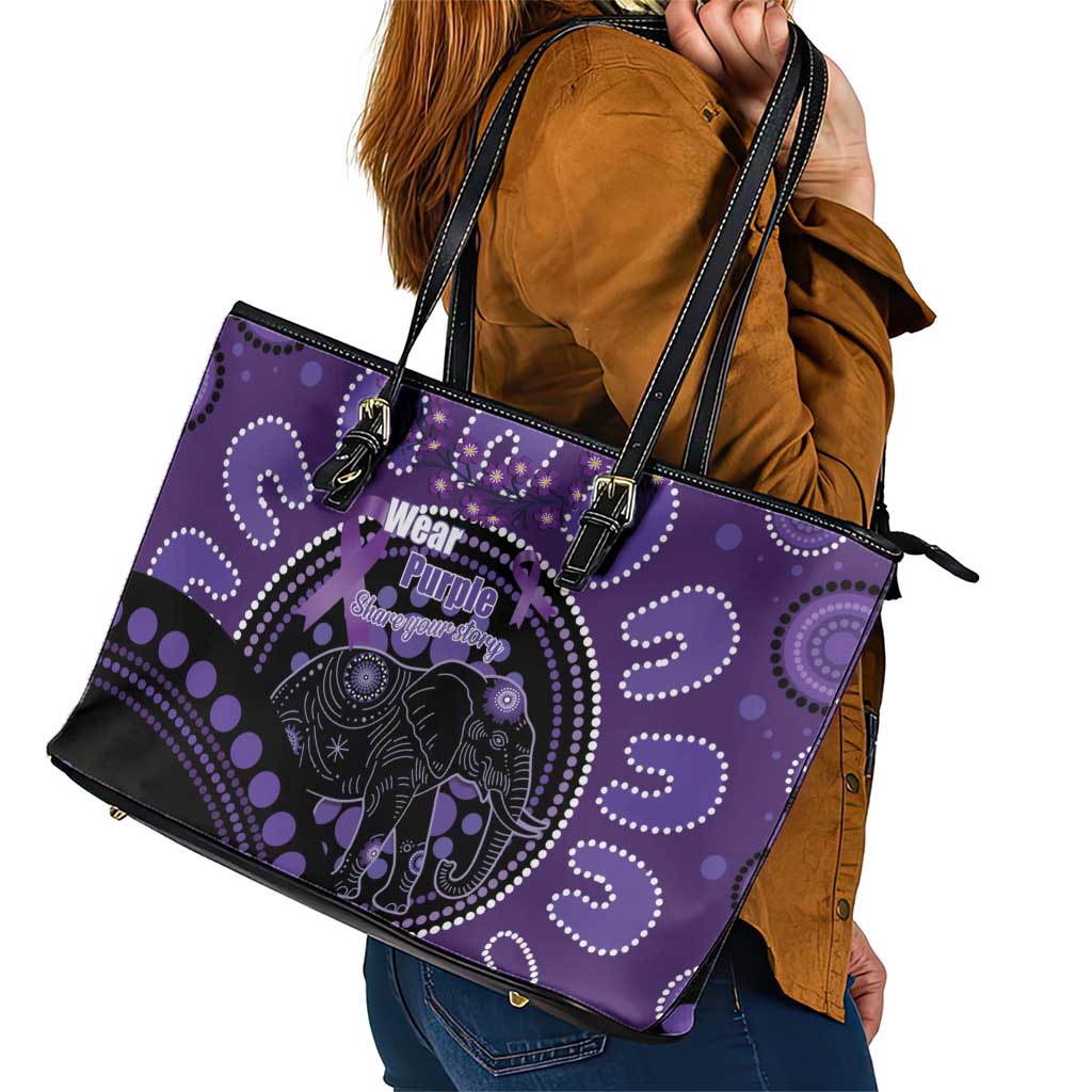 Australia Alzheimer's and Brain Awareness Leather Tote Bag Elephant Forget-Me-Not Aboriginal Art