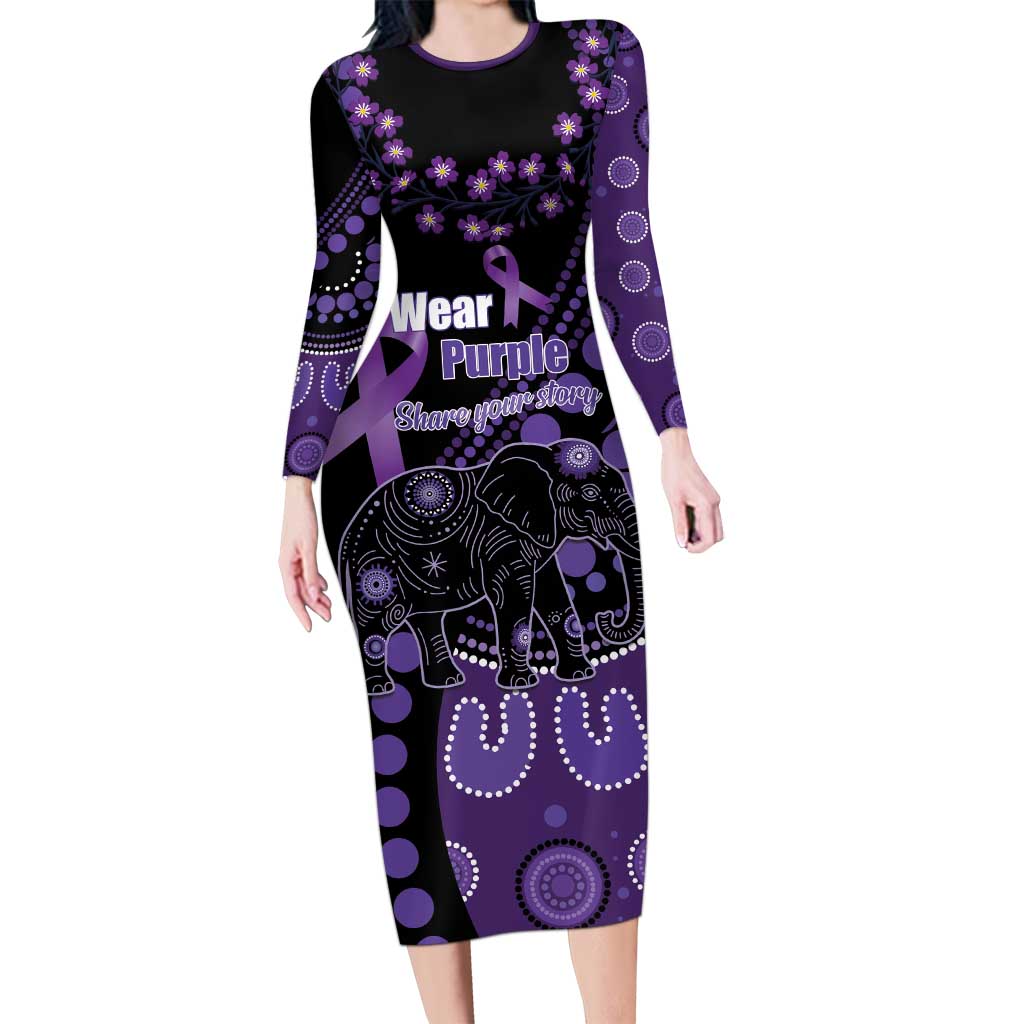 Australia Alzheimer's and Brain Awareness Personalised Long Sleeve Bodycon Dress Elephant Forget-Me-Not Aboriginal Art