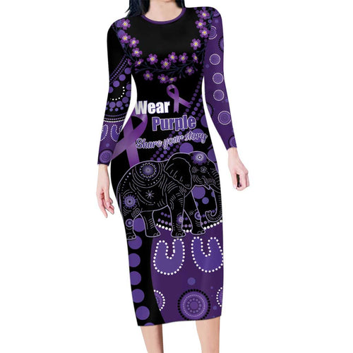Australia Alzheimer's and Brain Awareness Personalised Long Sleeve Bodycon Dress Elephant Forget-Me-Not Aboriginal Art