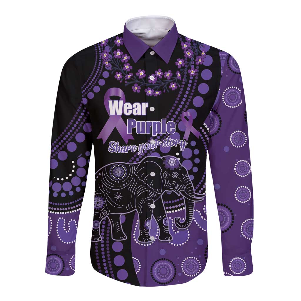 Australia Alzheimer's and Brain Awareness Personalised Long Sleeve Button Shirt Elephant Forget-Me-Not Aboriginal Art