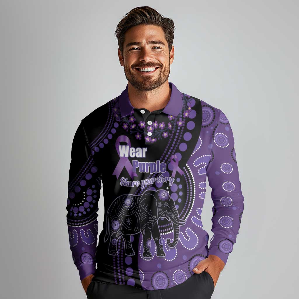 Australia Alzheimer's and Brain Awareness Personalised Long Sleeve Polo Shirt Elephant Forget-Me-Not Aboriginal Art
