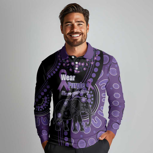 Australia Alzheimer's and Brain Awareness Personalised Long Sleeve Polo Shirt Elephant Forget-Me-Not Aboriginal Art