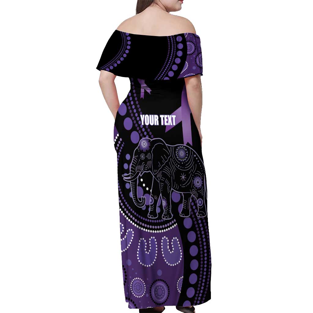 Australia Alzheimer's and Brain Awareness Personalised Off Shoulder Maxi Dress Elephant Forget-Me-Not Aboriginal Art