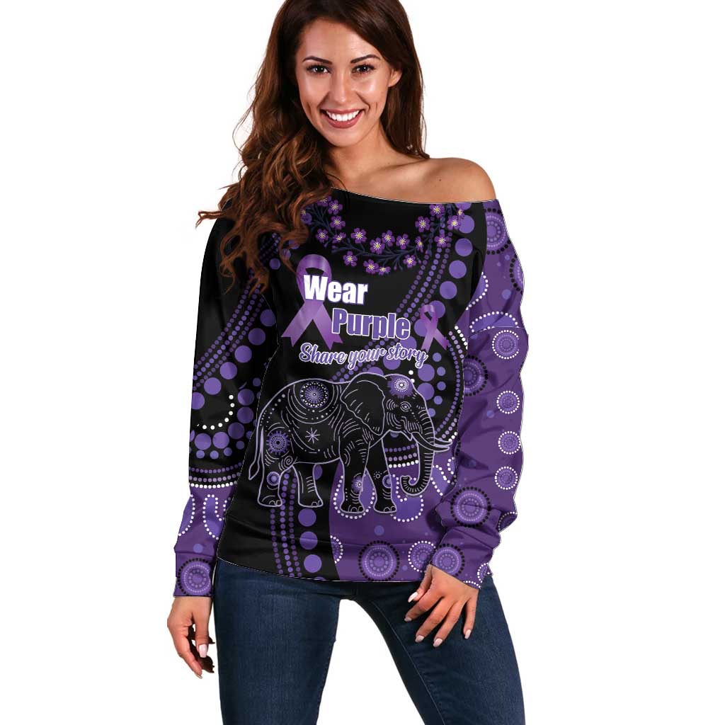 Australia Alzheimer's and Brain Awareness Personalised Off Shoulder Sweater Elephant Forget-Me-Not Aboriginal Art
