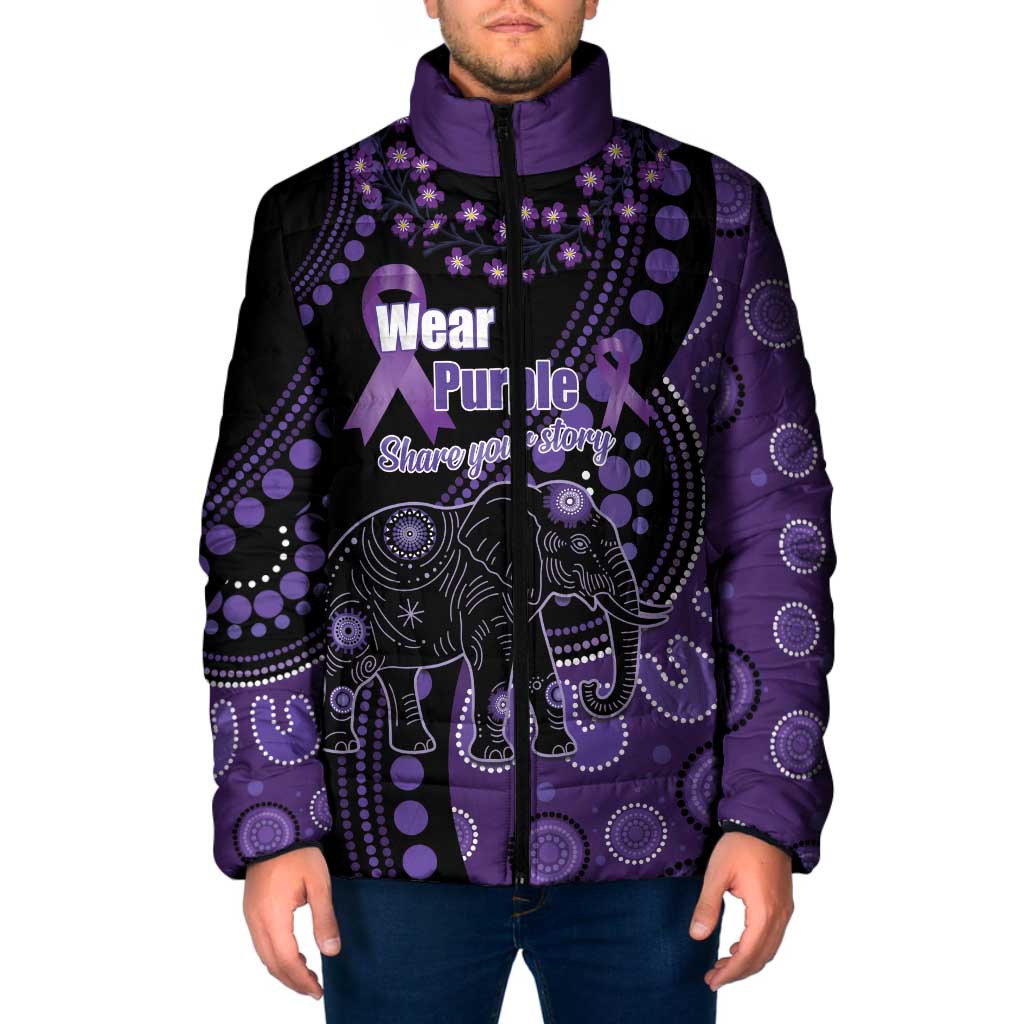 Australia Alzheimer's and Brain Awareness Personalised Padded Jacket Elephant Forget-Me-Not Aboriginal Art