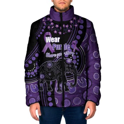 Australia Alzheimer's and Brain Awareness Personalised Padded Jacket Elephant Forget-Me-Not Aboriginal Art