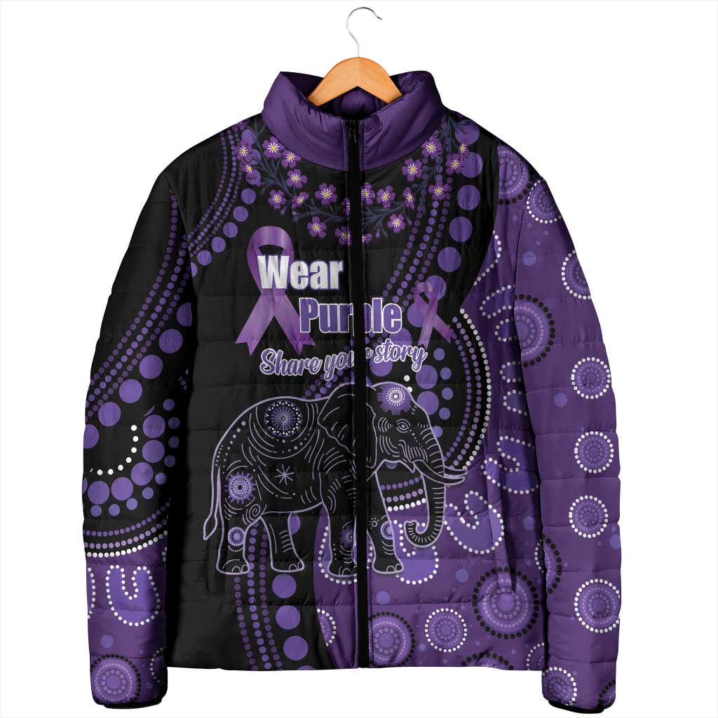 Australia Alzheimer's and Brain Awareness Personalised Padded Jacket Elephant Forget-Me-Not Aboriginal Art