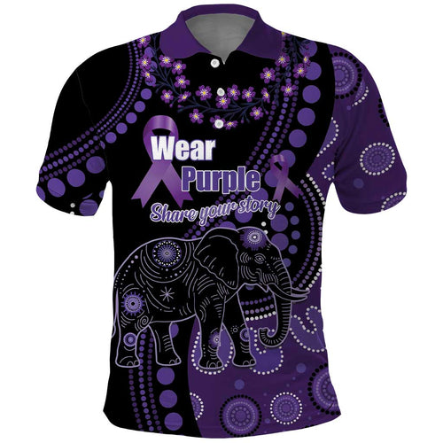 Australia Alzheimer's and Brain Awareness Personalised Polo Shirt Elephant Forget-Me-Not Aboriginal Art