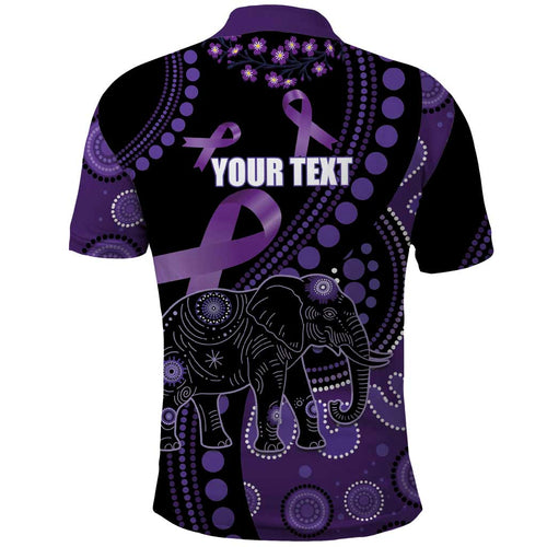 Australia Alzheimer's and Brain Awareness Personalised Polo Shirt Elephant Forget-Me-Not Aboriginal Art