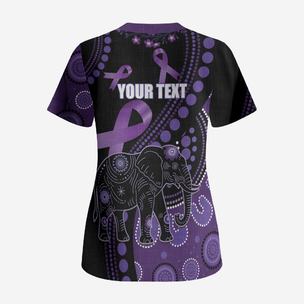 Australia Alzheimer's and Brain Awareness Personalised Scrub Top Elephant Forget-Me-Not Aboriginal Art