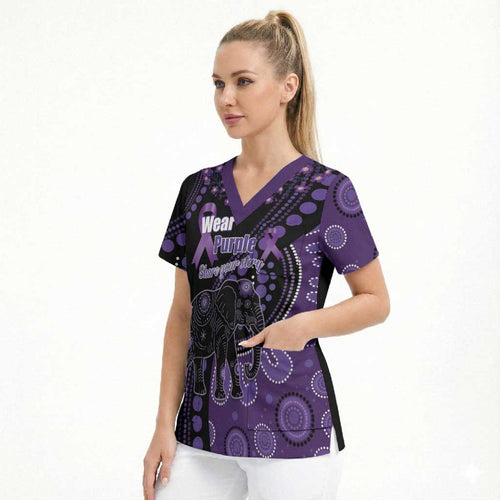 Australia Alzheimer's and Brain Awareness Personalised Scrub Top Elephant Forget-Me-Not Aboriginal Art