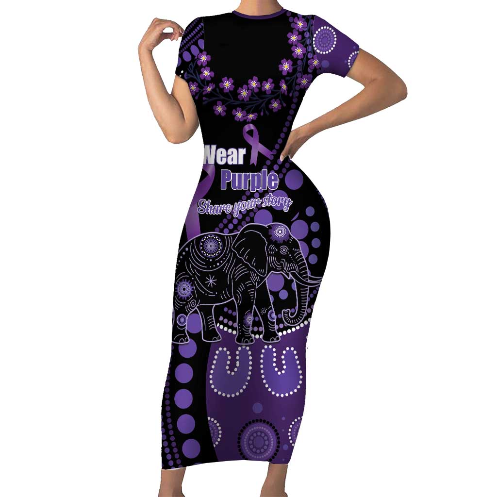 Australia Alzheimer's and Brain Awareness Personalised Short Sleeve Bodycon Dress Elephant Forget-Me-Not Aboriginal Art