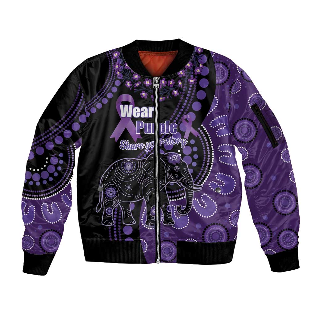 Australia Alzheimer's and Brain Awareness Personalised Sleeve Zip Bomber Jacket Elephant Forget-Me-Not Aboriginal Art