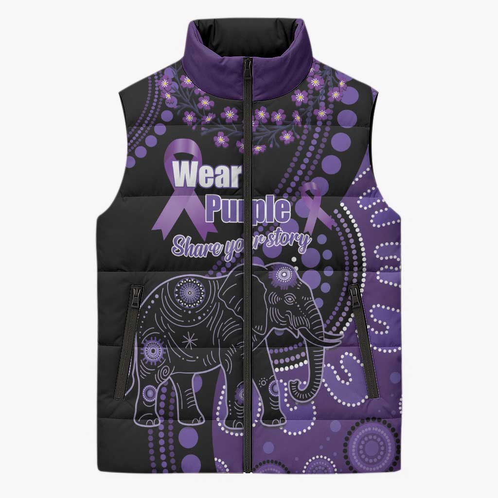Australia Alzheimer's and Brain Awareness Personalised Sleeveless Puffer Jacket Elephant Forget-Me-Not Aboriginal Art