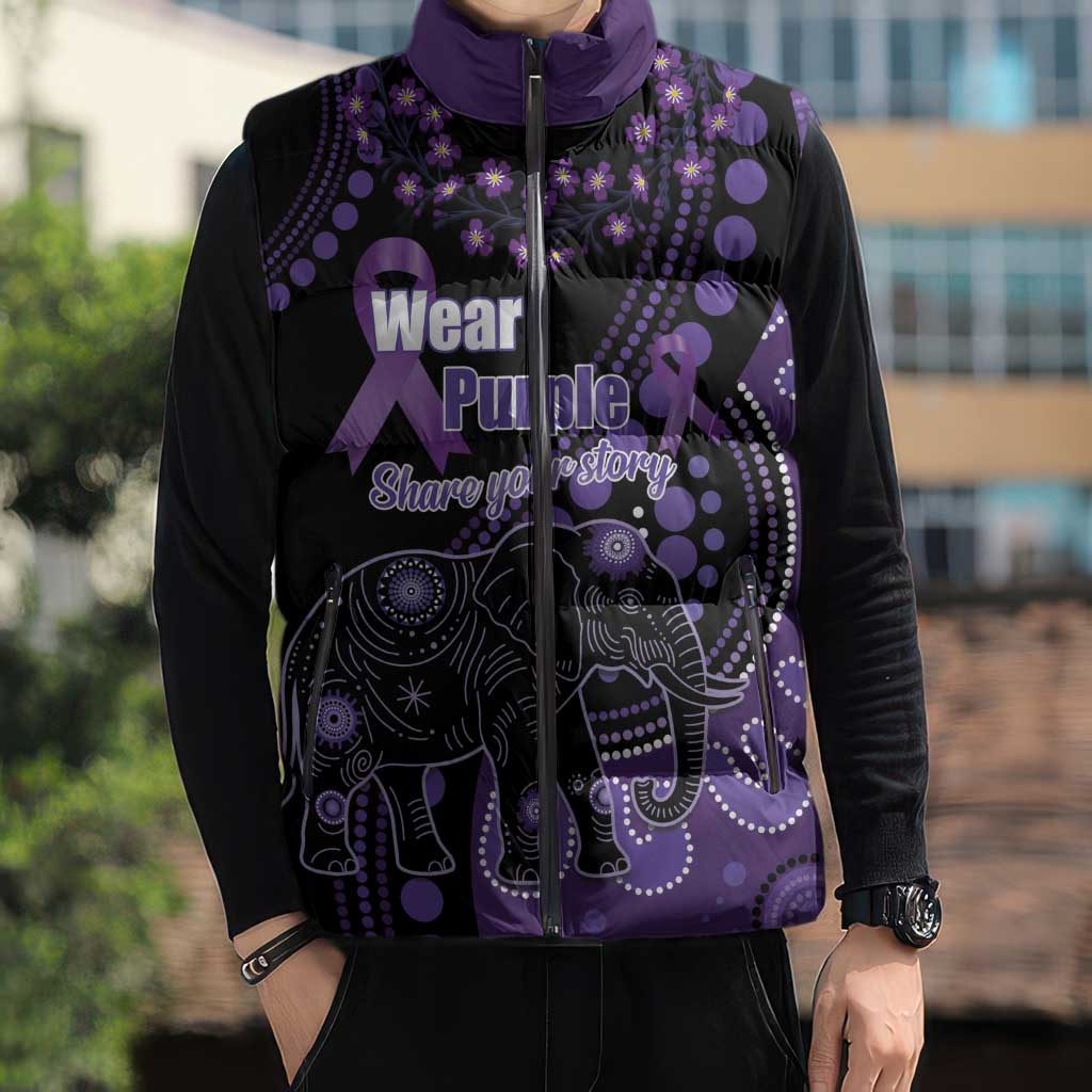 Australia Alzheimer's and Brain Awareness Personalised Sleeveless Puffer Jacket Elephant Forget-Me-Not Aboriginal Art