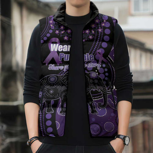 Australia Alzheimer's and Brain Awareness Personalised Sleeveless Puffer Jacket Elephant Forget-Me-Not Aboriginal Art