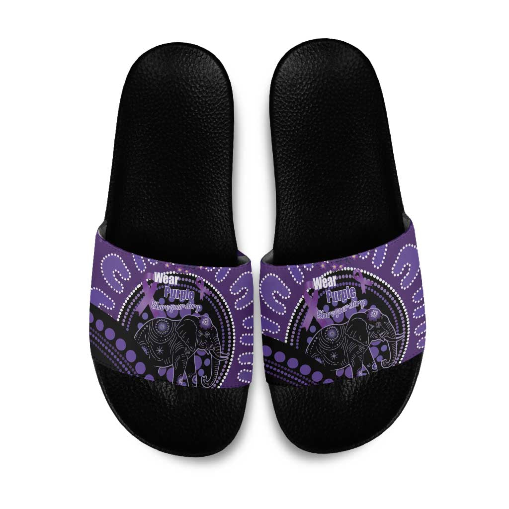 Australia Alzheimer's and Brain Awareness Slide Sandals Elephant Forget-Me-Not Aboriginal Art