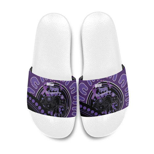 Australia Alzheimer's and Brain Awareness Slide Sandals Elephant Forget-Me-Not Aboriginal Art