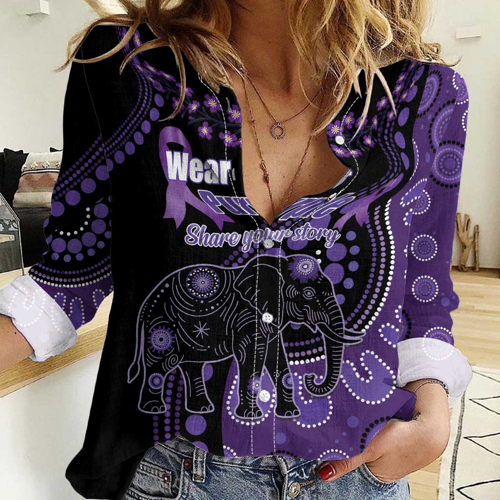 Australia Alzheimer's and Brain Awareness Personalised Women Casual Shirt Elephant Forget-Me-Not Aboriginal Art