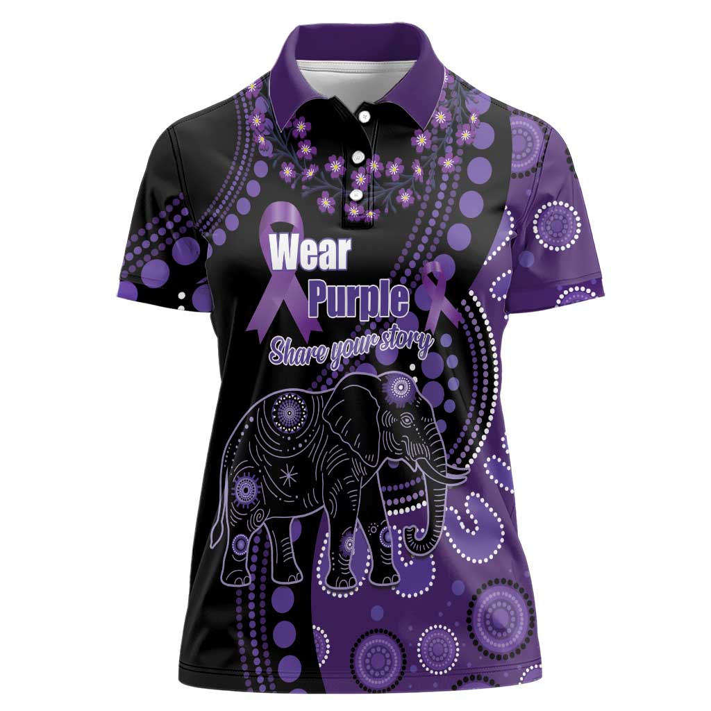 Australia Alzheimer's and Brain Awareness Personalised Women Polo Shirt Elephant Forget-Me-Not Aboriginal Art
