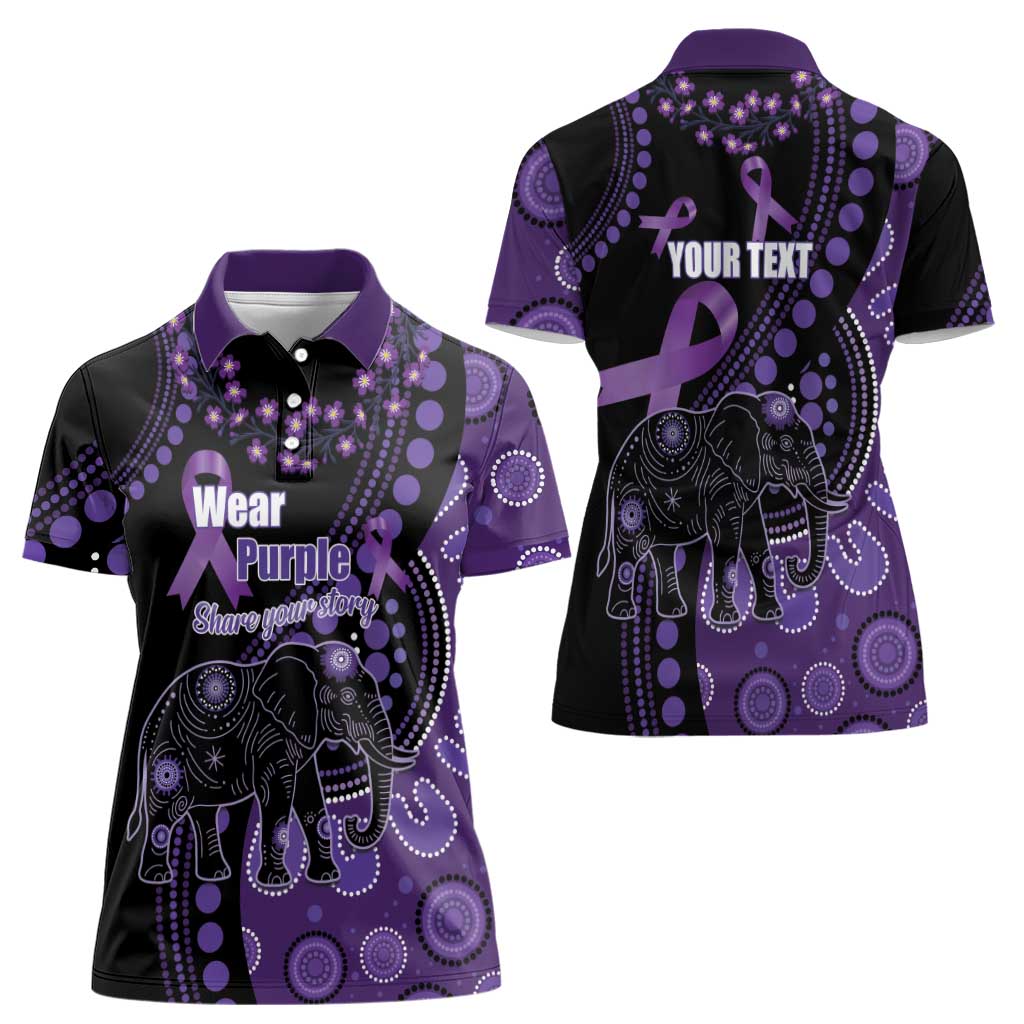 Australia Alzheimer's and Brain Awareness Personalised Women Polo Shirt Elephant Forget-Me-Not Aboriginal Art