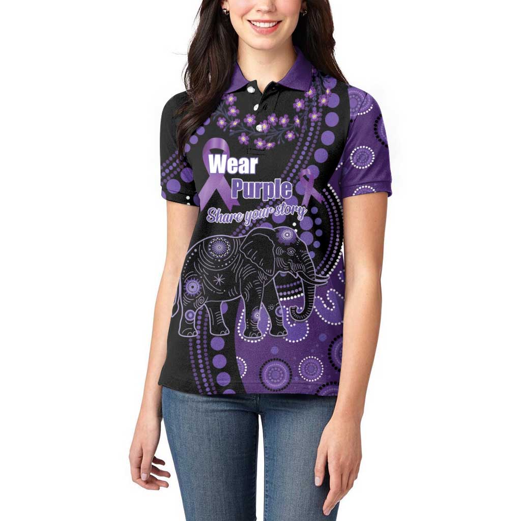 Australia Alzheimer's and Brain Awareness Personalised Women Polo Shirt Elephant Forget-Me-Not Aboriginal Art