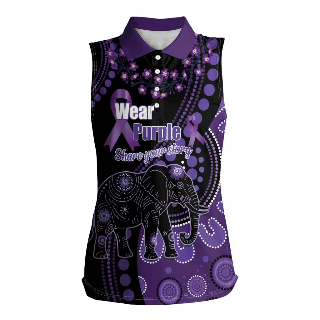 Australia Alzheimer's and Brain Awareness Personalised Women Sleeveless Polo Shirt Elephant Forget-Me-Not Aboriginal Art
