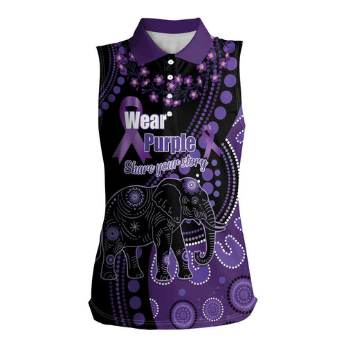 Australia Alzheimer's and Brain Awareness Personalised Women Sleeveless Polo Shirt Elephant Forget-Me-Not Aboriginal Art