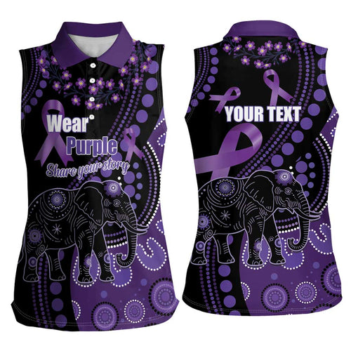 Australia Alzheimer's and Brain Awareness Personalised Women Sleeveless Polo Shirt Elephant Forget-Me-Not Aboriginal Art