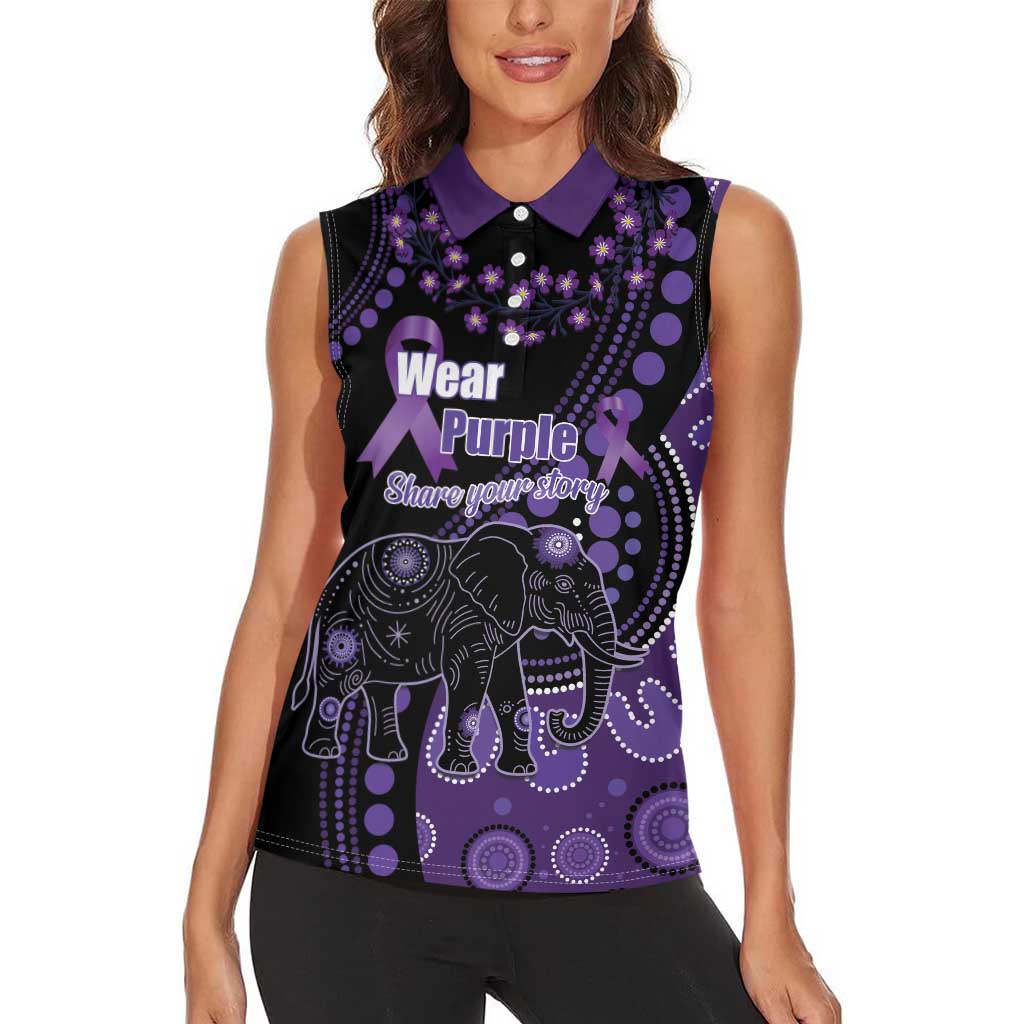 Australia Alzheimer's and Brain Awareness Personalised Women Sleeveless Polo Shirt Elephant Forget-Me-Not Aboriginal Art