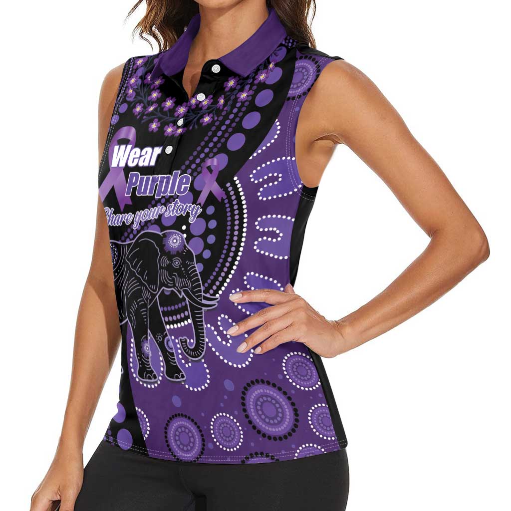 Australia Alzheimer's and Brain Awareness Personalised Women Sleeveless Polo Shirt Elephant Forget-Me-Not Aboriginal Art