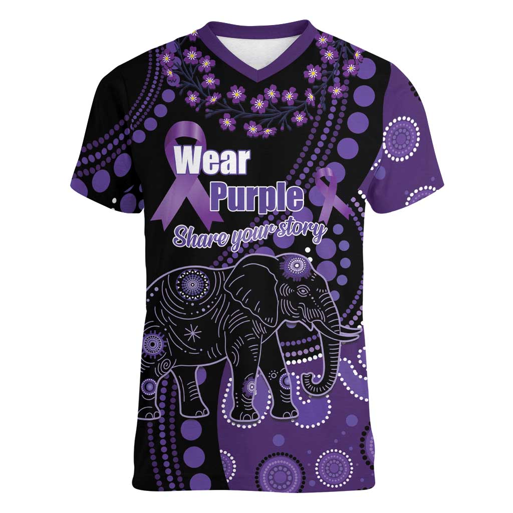 Australia Alzheimer's and Brain Awareness Personalised Women V-Neck T-Shirt Elephant Forget-Me-Not Aboriginal Art