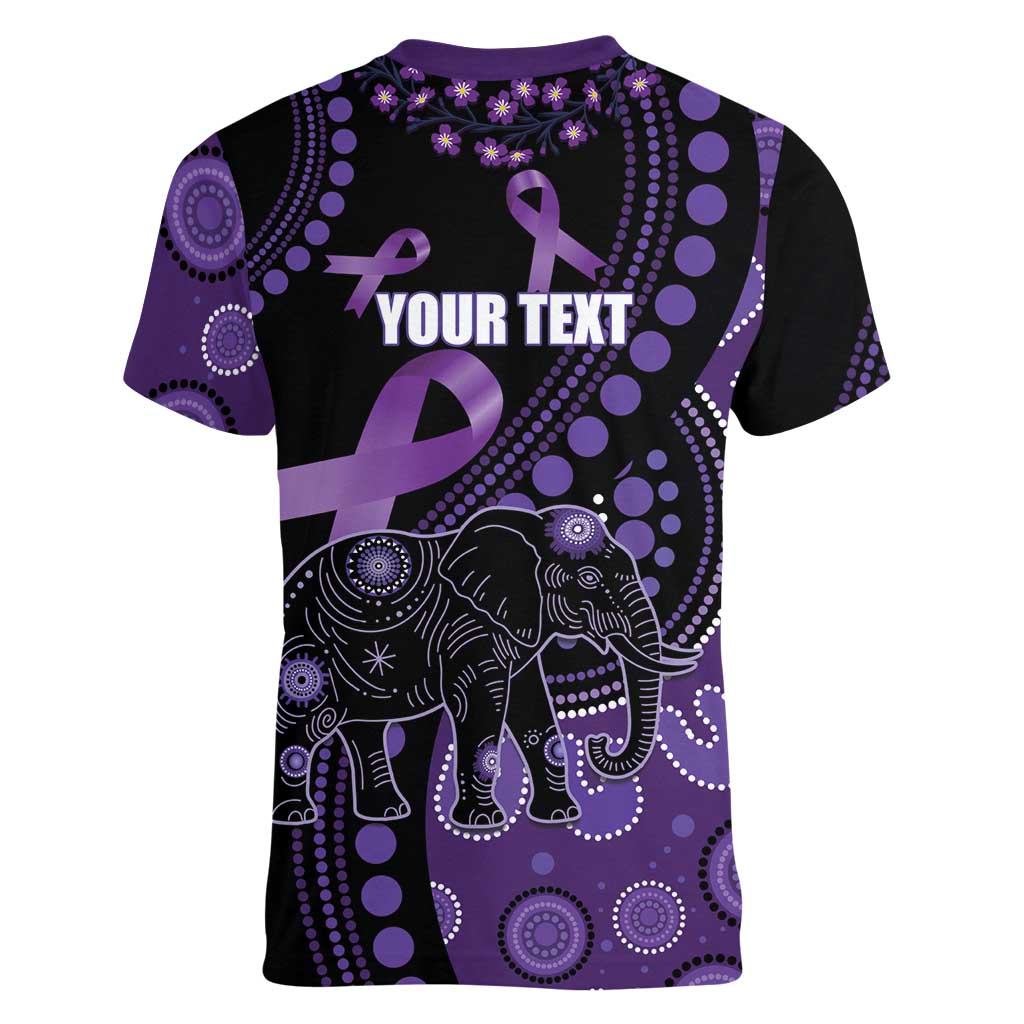 Australia Alzheimer's and Brain Awareness Personalised Women V-Neck T-Shirt Elephant Forget-Me-Not Aboriginal Art