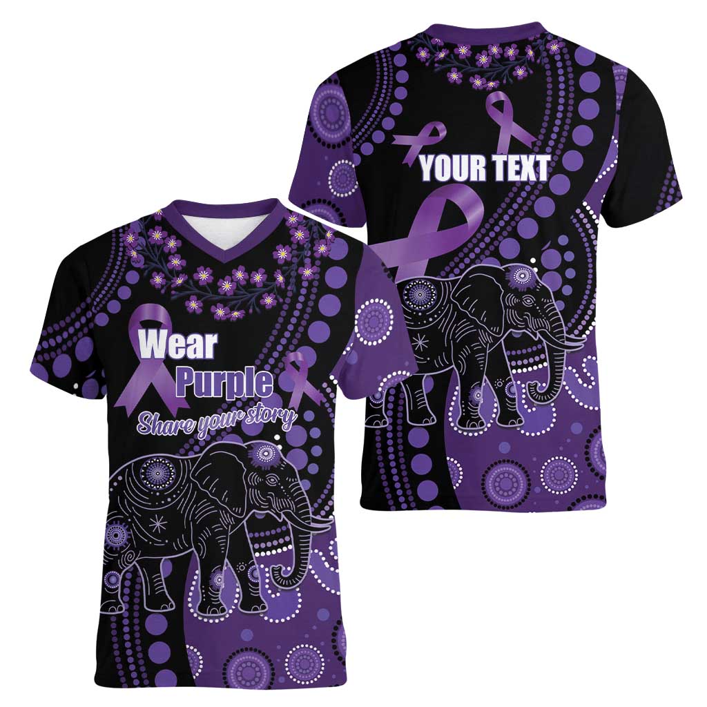 Australia Alzheimer's and Brain Awareness Personalised Women V-Neck T-Shirt Elephant Forget-Me-Not Aboriginal Art