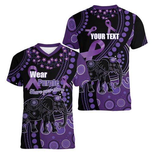 Australia Alzheimer's and Brain Awareness Personalised Women V-Neck T-Shirt Elephant Forget-Me-Not Aboriginal Art