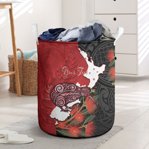 Kiwi New Zealand Personalised Laundry Basket NZ Map Pohutukawa Fern Maori Pattern