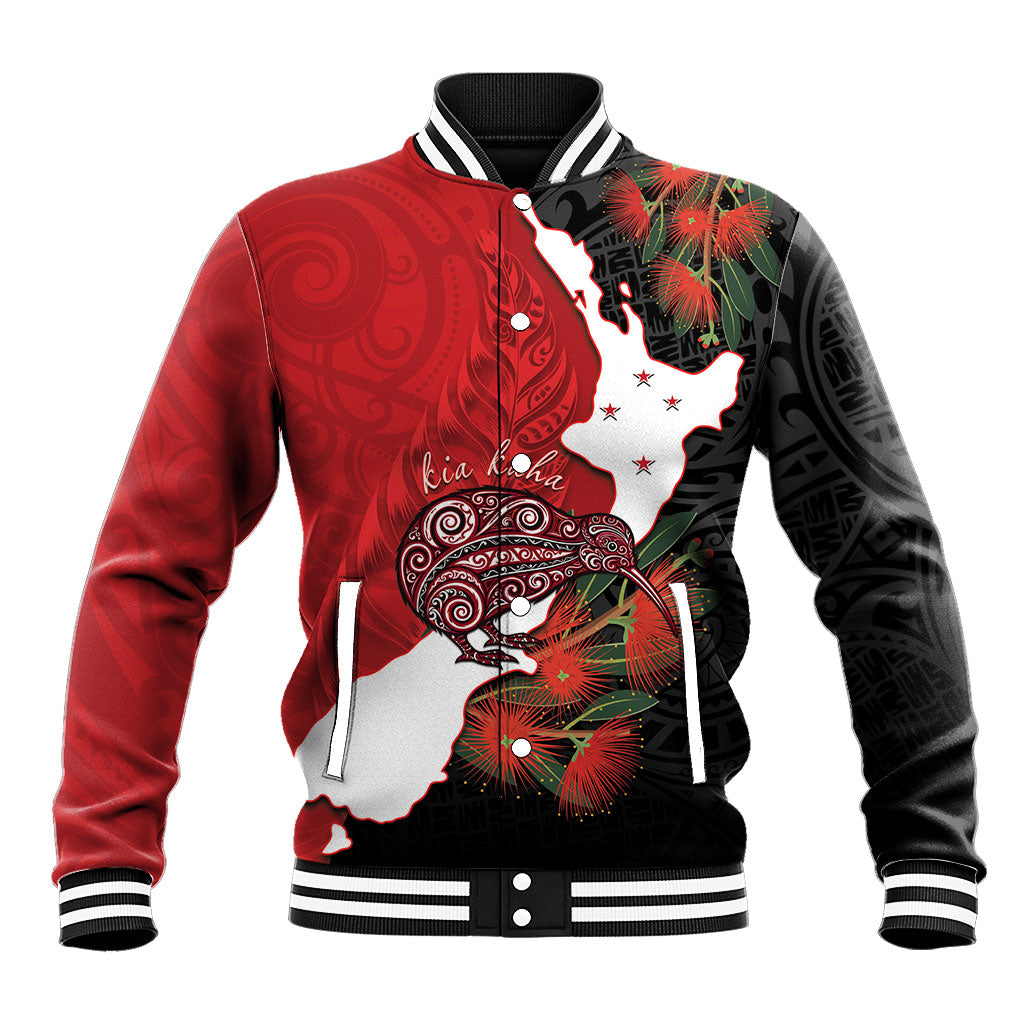 Kiwi New Zealand Personalised Baseball Jacket NZ Map Pohutukawa Fern Maori Pattern