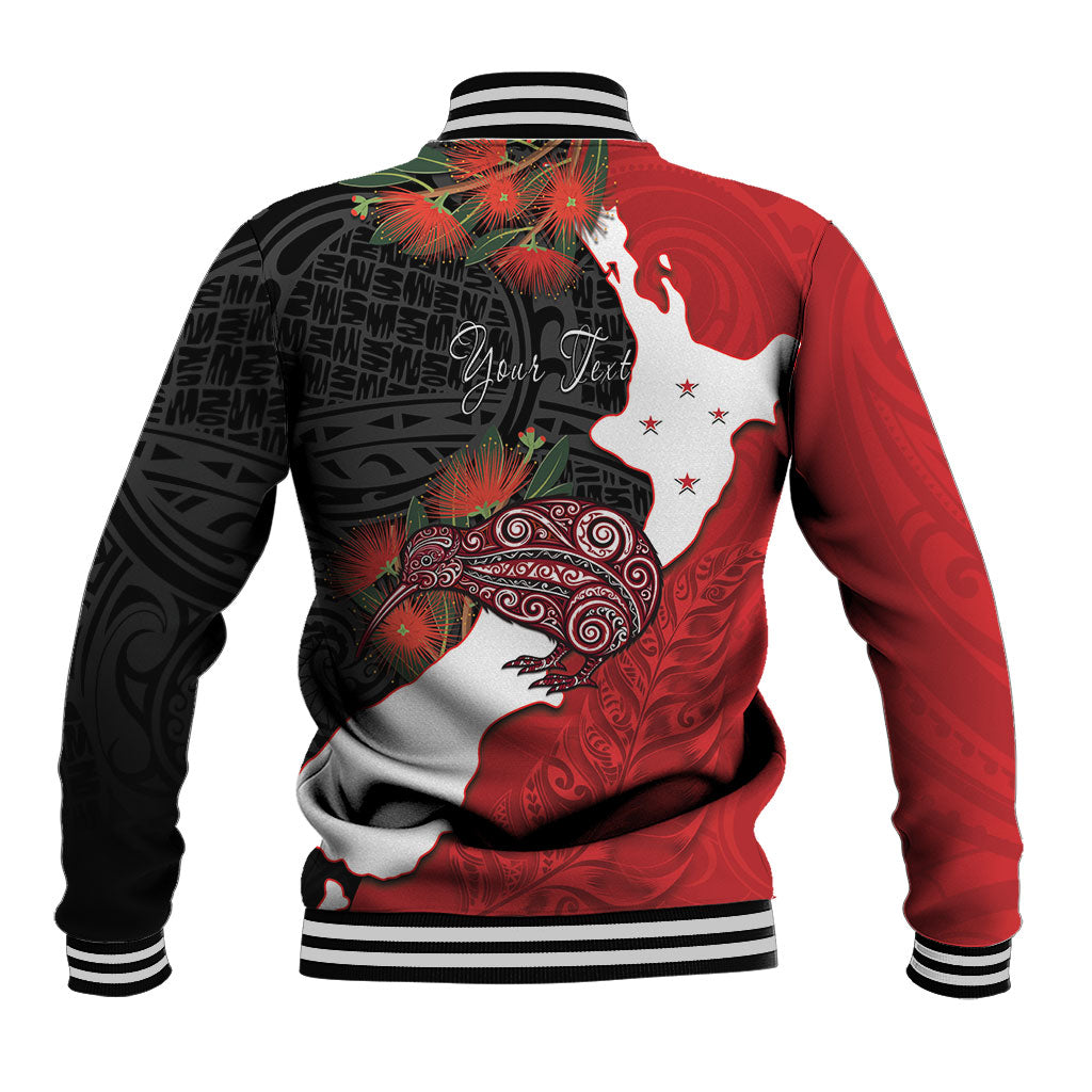 Kiwi New Zealand Personalised Baseball Jacket NZ Map Pohutukawa Fern Maori Pattern