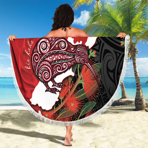 Kiwi New Zealand Personalised Beach Blanket NZ Map Pohutukawa Fern Maori Pattern
